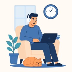 Man working remotely at home with laptop and headphones