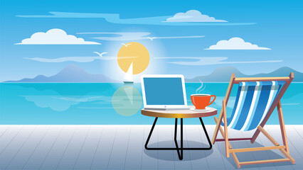 Coffee cup and  laptop on table with deck chair. workplace with a  morning coffee on tropical beach. relaxation concept. Vector , illustration