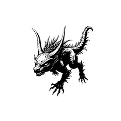 Black and White Illustration of a Fierce Dragon Creature with Sharp Horns