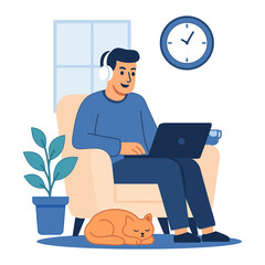 Man working remotely at home with laptop and headphones