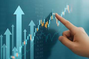 Stock market analysis and trading chart with hand pointing at growth and investment strategy plan