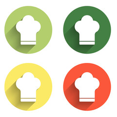 Set Chef hat icon isolated with long shadow background. Cooking symbol. Cooks hat. Color circle button. Vector