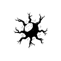 Stylized black tree silhouette radiating from a central light source concept