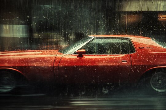 A red car photographed through a window with light rain on the glass, street blurred behind 