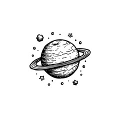 Monochrome planet drawing with rings and celestial bodies creates a cosmic theme