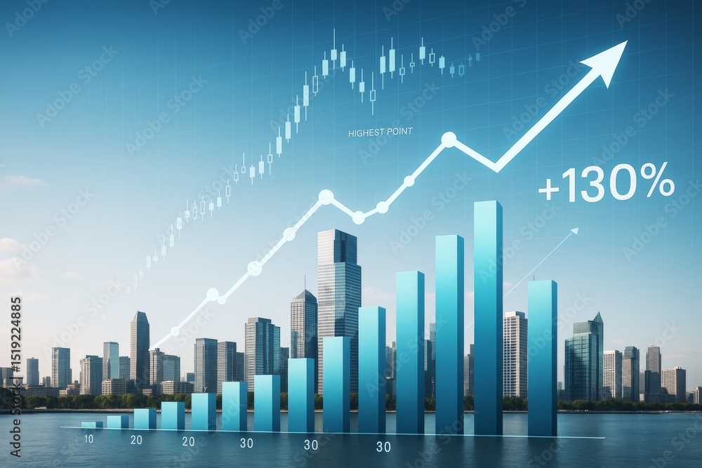 Poster business growth chart with futuristic bar graph and city skyline in blue light background showing 13