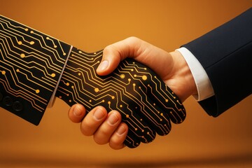Human and robotic hand shaking in business agreement, symbolizing technology partnership and AI collaboration on orange background. Ai generative.
