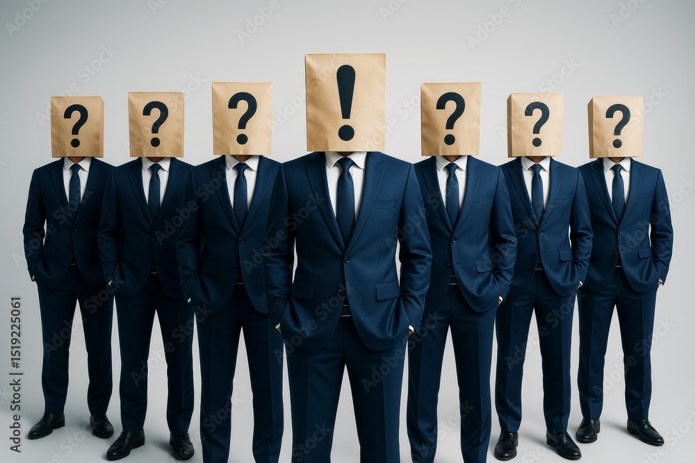Poster businessmen in suits with paper bags on heads showing question and exclamation marks on light backgr