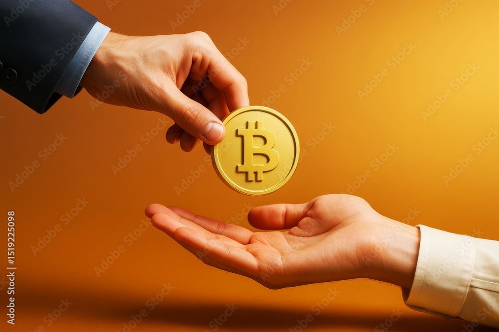 Poster Two hands exchanging a golden Bitcoin token symbolizing cryptocurrency transaction on orange background in business concept style. Ai generative.