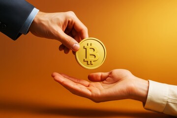 Two hands exchanging a golden Bitcoin token symbolizing cryptocurrency transaction on orange background in business concept style. Ai generative.