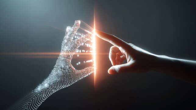 Real hand reaches glowing binary code hand showing digital twins, digital clone, predictive analytics for human digital connection and ai future
