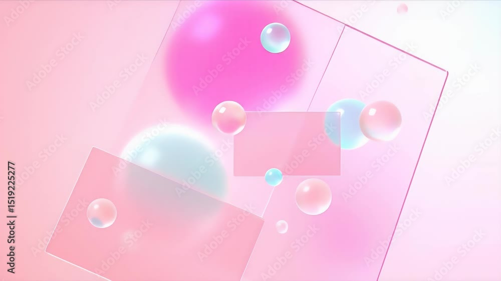 Aufkleber パステルカラーのグラデーション背景に浮かぶピンクと水色の球体と透明な長方形 現代的な抽象デザイン ピンクと白の背景にソフトな光沢のある球体が浮かぶ未来的なアート