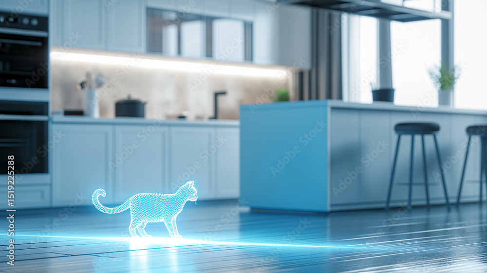 Poster this glowing, floating hologram of a cat is projected in a sleek kitchen, creating a virtual compani
