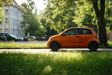 A small orange hatchback at the edge of a quiet park with trimmed grass