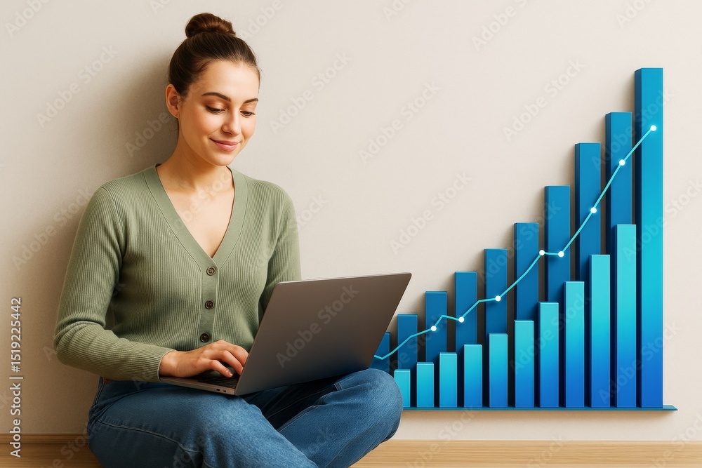 Poster woman using laptop with rising bar chart symbolizing business growth on light background wall. ai ge