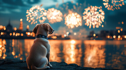 Dog with fireworks new year's eve. Cute puppy sitting on beach, watching colorful fireworks night sky, reflection ocean water background, christmas holiday event vacation memory with loving pet animal