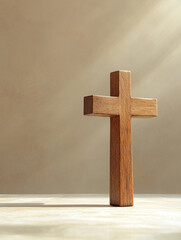 Naklejka premium Wooden cross on a light background with shadows.