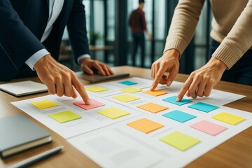 Business team planning project using colorful sticky notes on documents, collaborative strategy in modern office environment background light.
