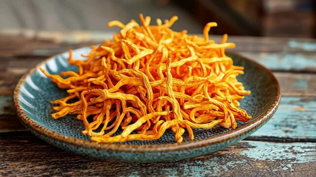 Orange Cordyceps Sinensis mushroom herb pile on a plate, healthy food.