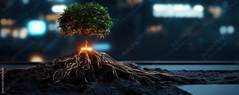 Poster a small tree with exposed roots glows with light in a dark, urban environment, symbolizing growth an