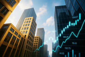 Modern business district skyline with financial growth chart overlay on glass buildings in daylight background indicating economic success trends.