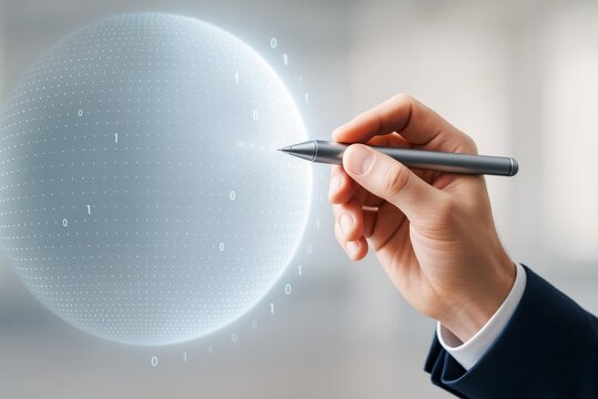 Businessman hand with pen interacting with digital sphere of binary code on bright background symbolizing innovation and creative technology concept.