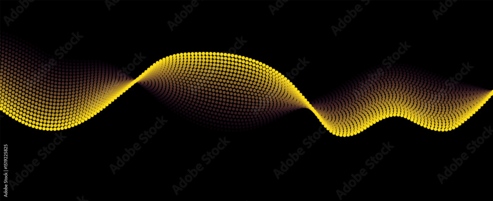Poster flowing dots particles wave pattern yellow isolated on black background. vector in concept of techno