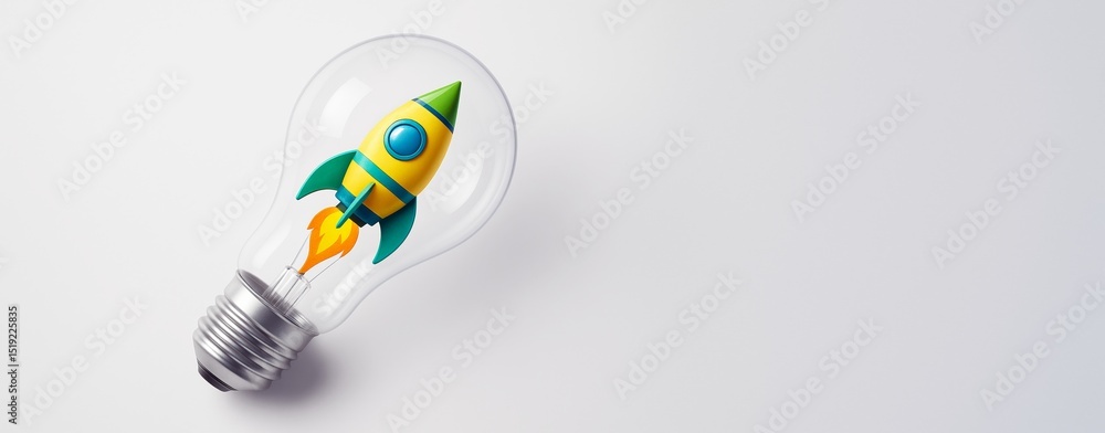 Poster Light bulb with colorful rocket inside on white background symbolizing creative business startup and innovation concept with copy space for design.