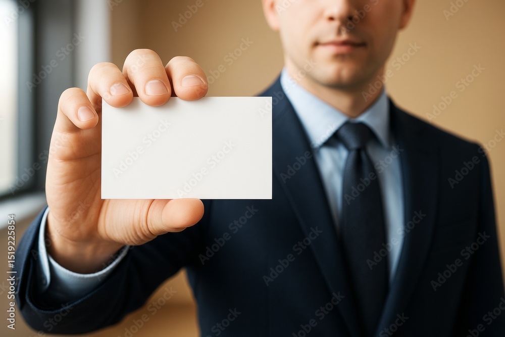 Poster businessman holding blank business card close to camera for mockup or branding concept on light indo