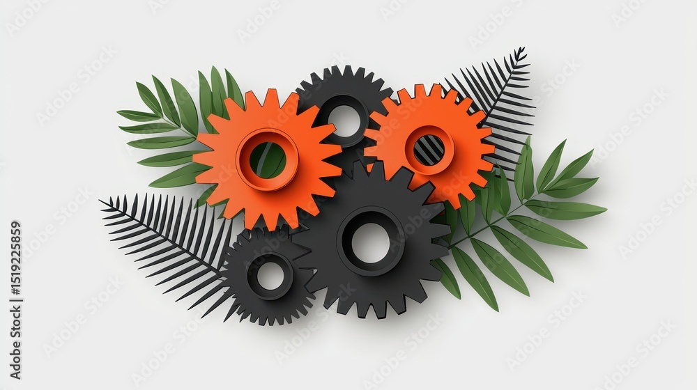 Poster orange and black gears are interlocked with green leaves and ferns, symbolizing the connection betwe