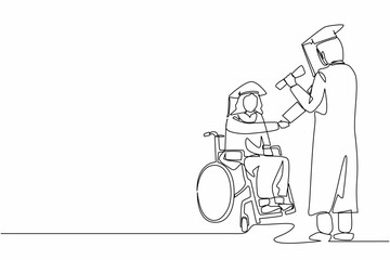 Single one line drawing disabled Arabian man student receiving graduation from university rector. Disability bachelor, inclusive education concept. Continuous line design graphic vector illustration