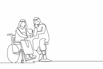 Single continuous line drawing disabled Arabic man patient in wheelchair talking with doctor, discuss results of medical examination. Doctor hold checklist. One line graphic design vector illustration