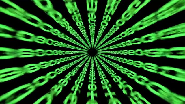 Abstract pattern of green binary code digits arranged in a radiating circle, technology background