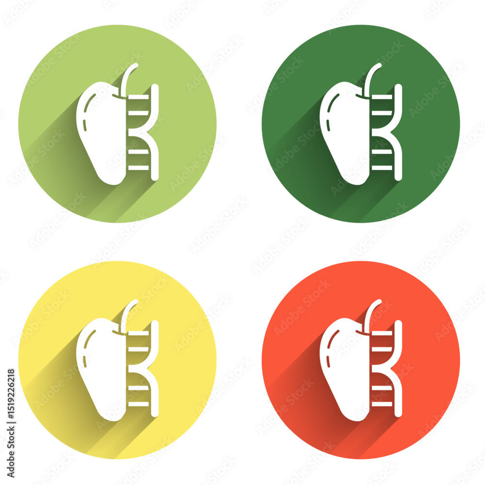 Poster set genetically modified apple icon isolated with long shadow background. gmo fruit. color circle bu