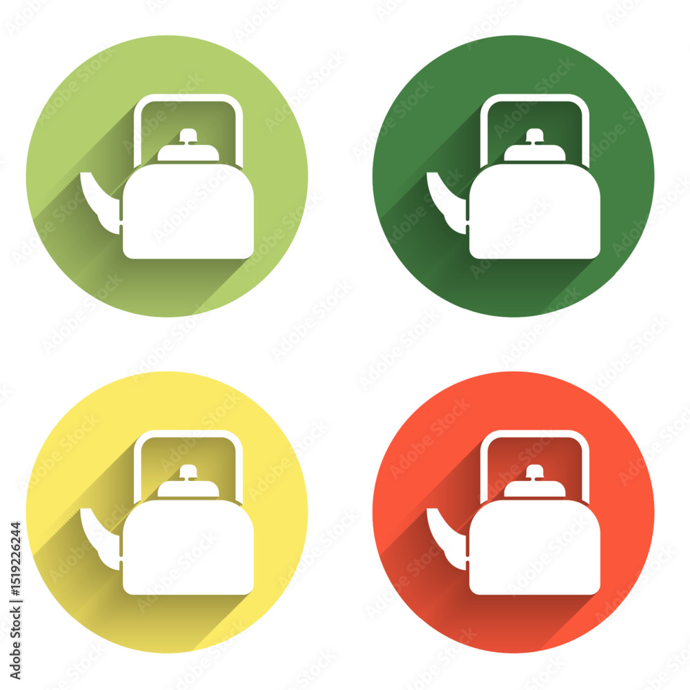 Poster set kettle with handle icon isolated with long shadow background. teapot icon. color circle button. 