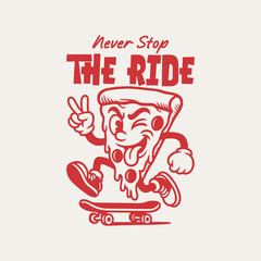 Skateboarding pizza retro cartoon character t shirt design