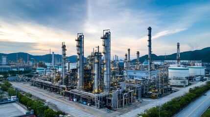Fototapeta premium Aerial view of an industrial refinery plant, showcasing modern energy infrastructure and technological progress