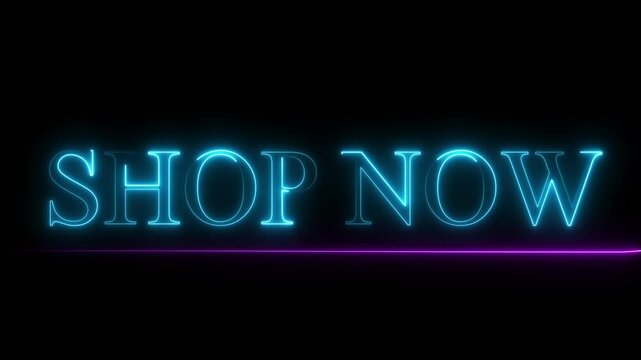 4k video animation Shop now neon text animation with magenta and green color., Shop Now Text Neon sing. Buy now Neon glowing text animation.