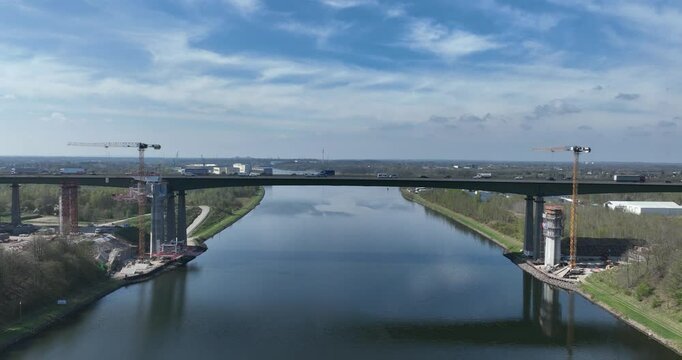 Gigh bridge over the Kiel canal, rail road bridge, transport infrastructure. Aerial view.