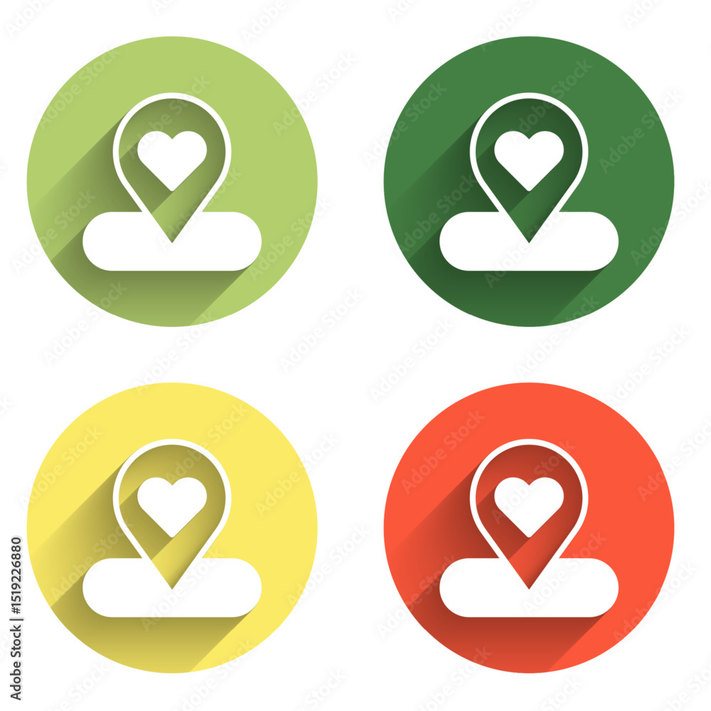 Poster set map pointer with heart icon isolated with long shadow background. valentines day. love location.