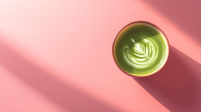 A close-up of a matcha latte with artistic green foam swirls served in a ceramic cup on a solid pastel pink background smooth texture with warm light soft