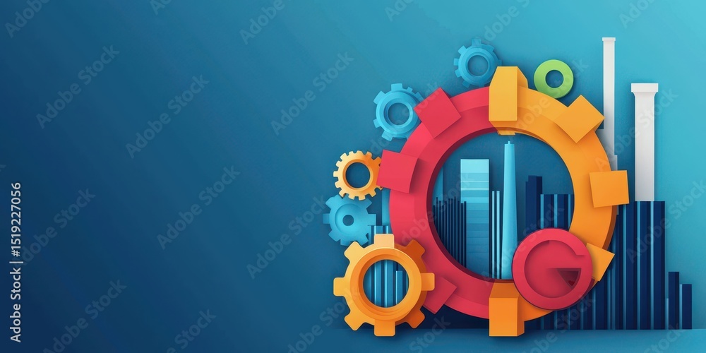 Poster Colorful gears and bar graphs symbolize data analysis, technology, and teamwork on a blue background.