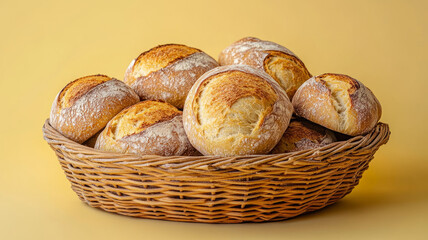 Basket of freshly baked bread rolls on a yellow background.
