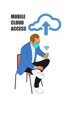 Man in mask using smartphone for mobile cloud access while seated, illustrating digital connectivity and remote data access