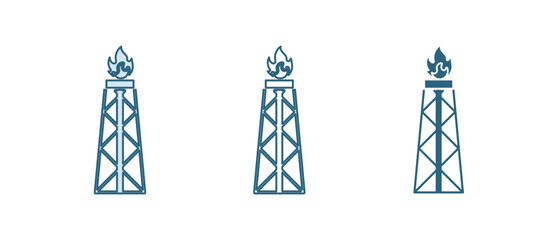 Blue Oil rig with fire icon isolated on white background. Gas tower. Industrial object. Vector