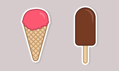 Ice cream waffle cone and chocolate popsicle stickers. Flat style vector illustration for food-related content and summer-themed designs