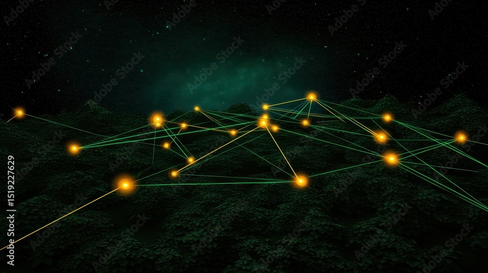 Aufkleber glowing nodes connected by lines form a digital network above a dark forest, set against a starry ni