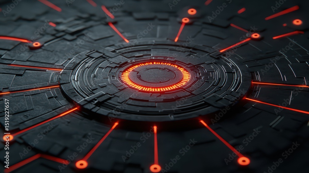 Poster Futuristic circular technology interface with glowing red lights and dark geometric patterns radiating from the center.