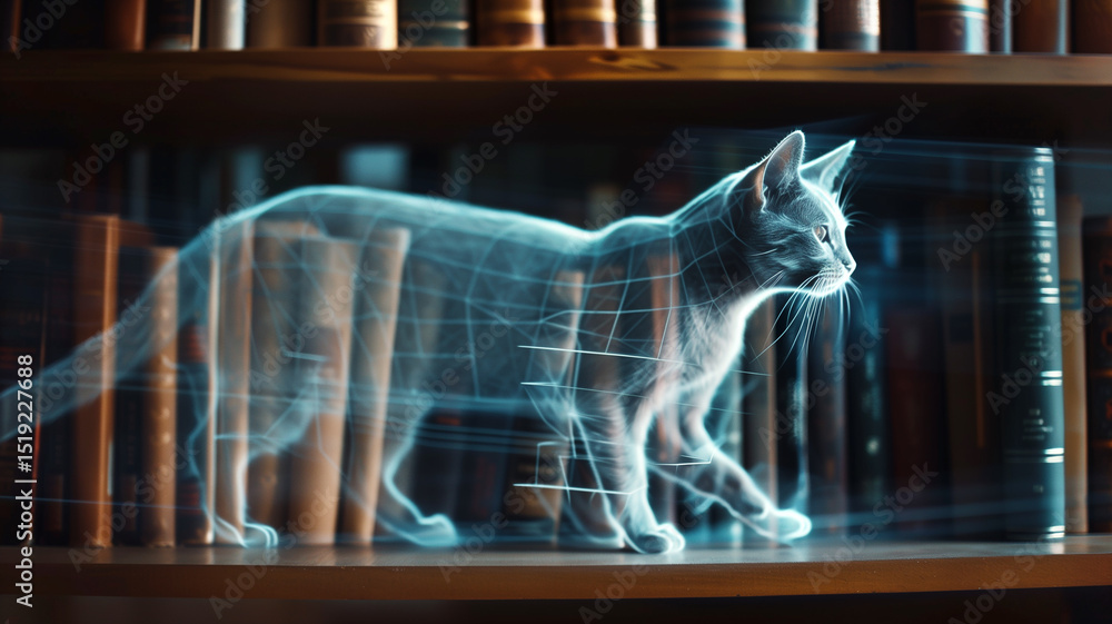 Poster this glowing hologram of a cat appears to float beside shelves, showcasing advanced digital technolo
