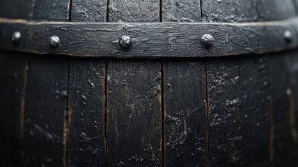 Close-up of a rustic wooden barrel with metal accents.